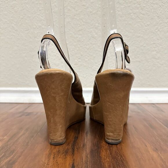 FIORENTINI + Baker Peep-Toe Wedge Slingback Sandals in Tan Leather - Picture 8 of 12